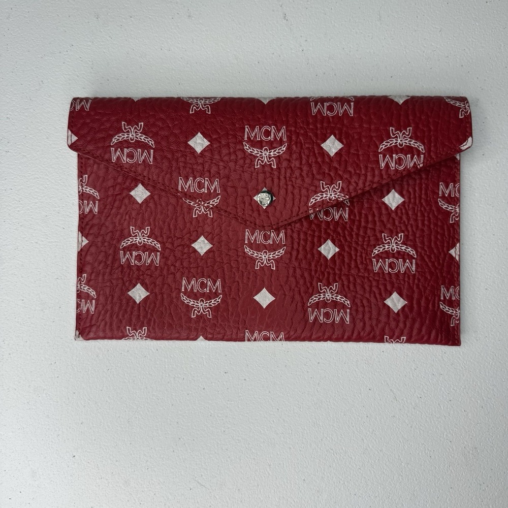 Authentic MCM Envelope Pouch Clutch Red Visetos